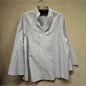 HARSHMAN Womens Blue Striped Bell Sleeve Popover Pepper Blouse Top Large Office
